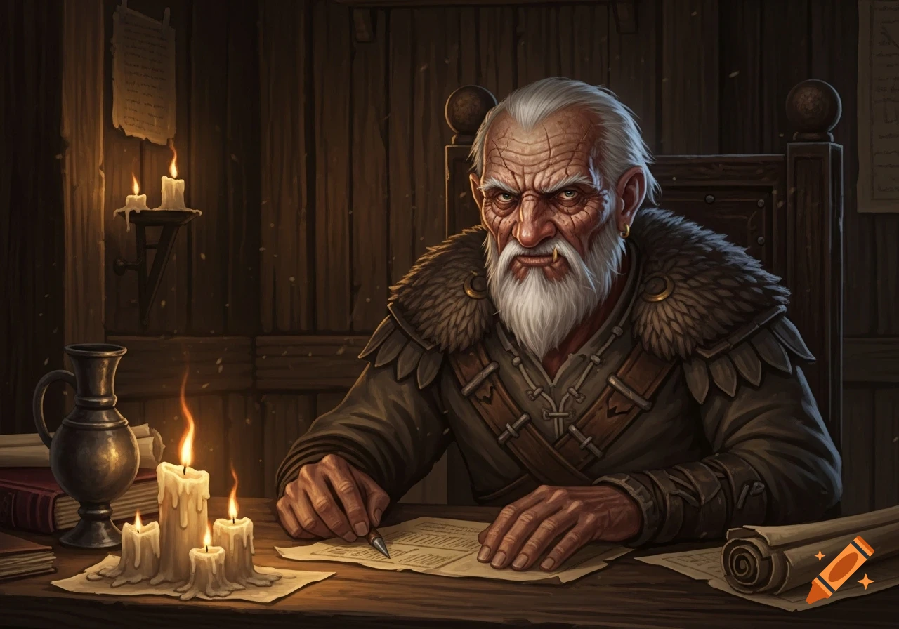 An old man with a white beard and mean snarl writes at a wooden desk by candlelight, dark fantasy art style.