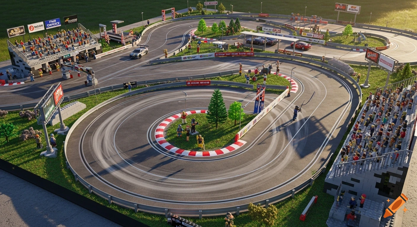 An aerial view of a detailed miniature Lego-style drift race track with multiple curves, grandstands, cars, and figures, set on green grass under a bright sky.