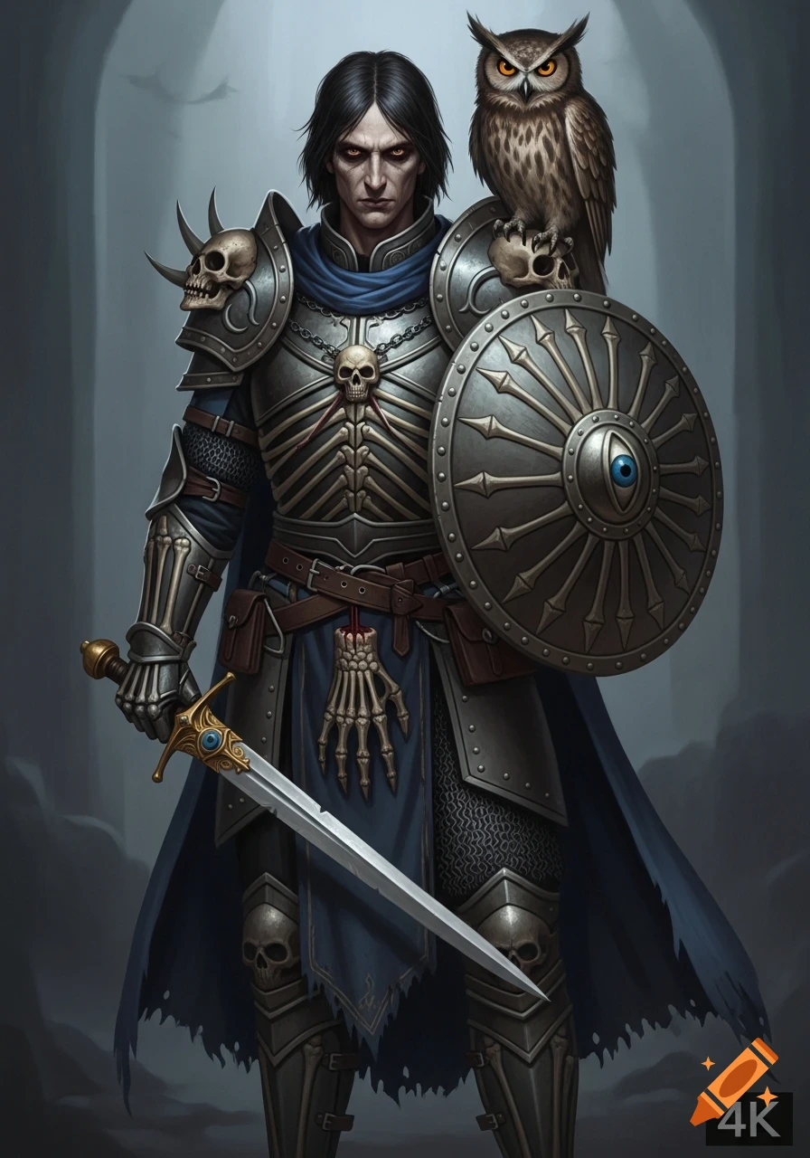 A dark fantasy inquisitor in skull armor and blue cloak, holding a sword and eye-emblazoned shield with an owl perched on it.