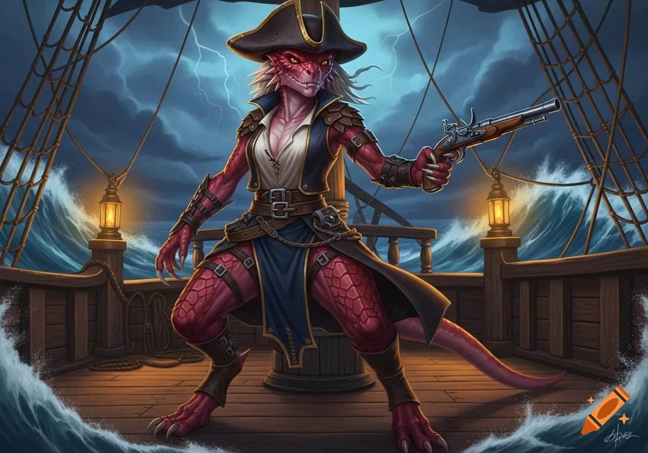 A red-scaled female kobold pirate stands on a ship deck during a stormy sea, holding a pistol. Lightning flashes in the dark sky.