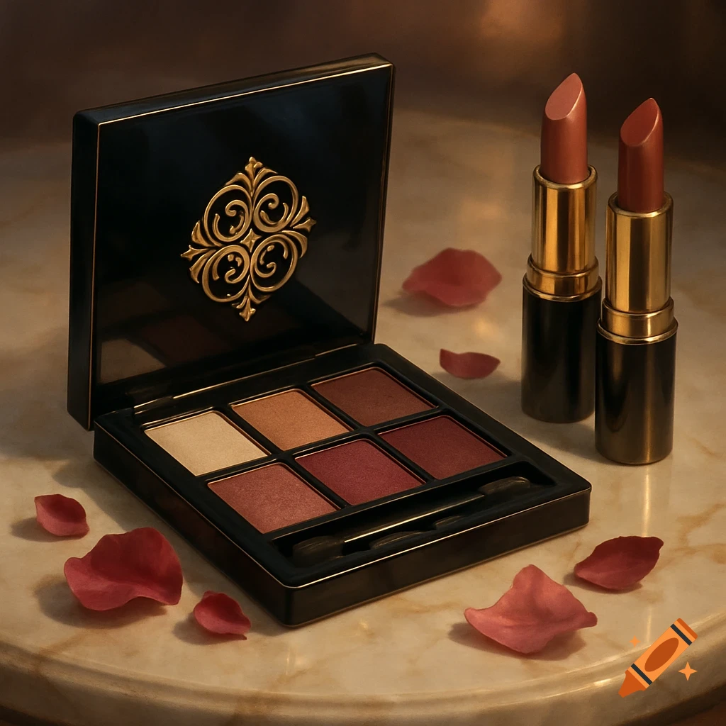 Open eyeshadow palette with red, gold, and white shades, two lipsticks, and scattered pink rose petals on a marble surface.