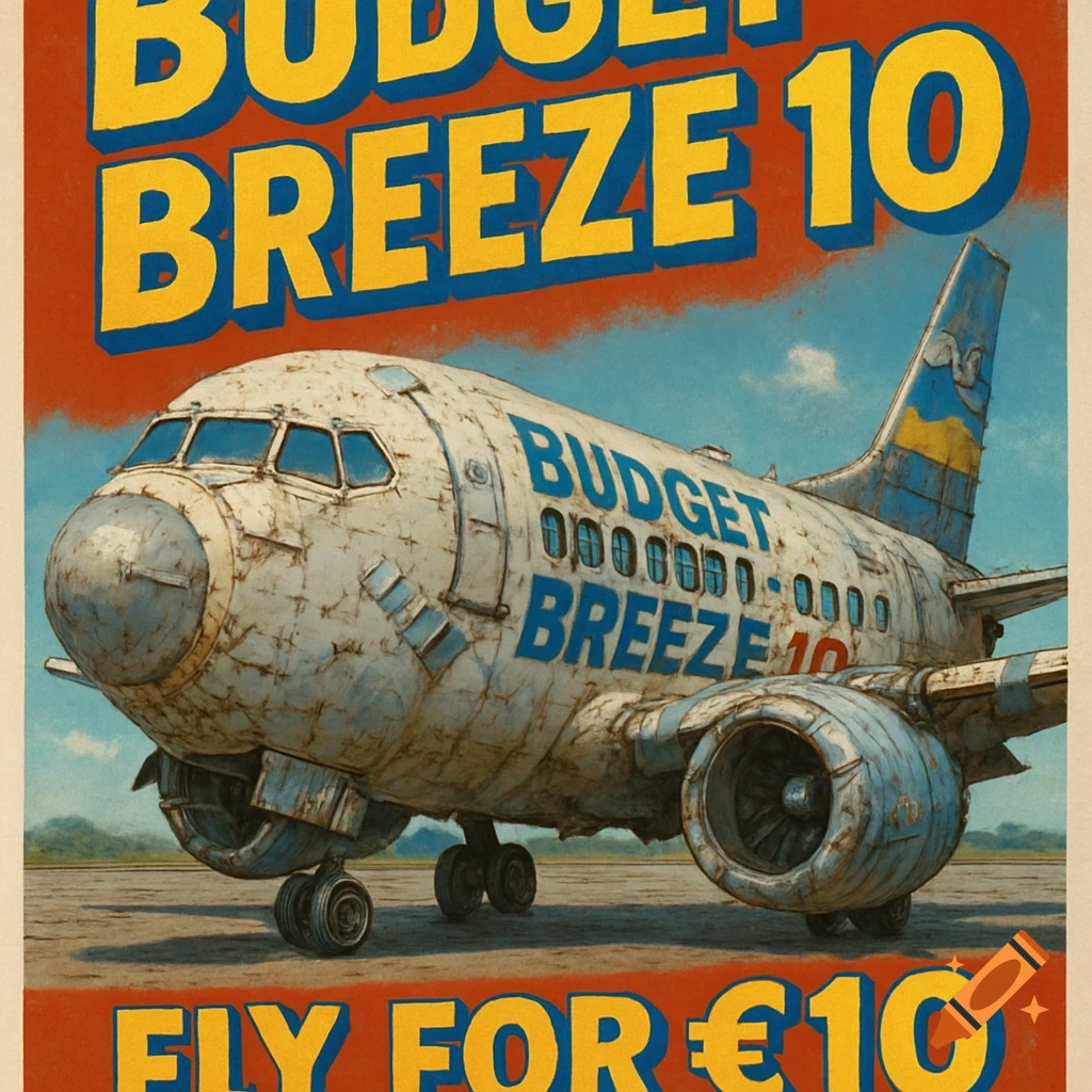A satirical poster for 'Budget Breeze 10' airline, featuring a heavily worn, dilapidated passenger plane on a runway, with the text 'BUDGET BREEZE 10' and 'FLY FOR €10'.