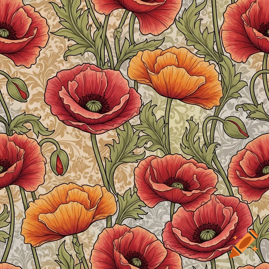 A vibrant seamless pattern of red and orange poppy flowers with green stems and leaves in an Art Nouveau style.