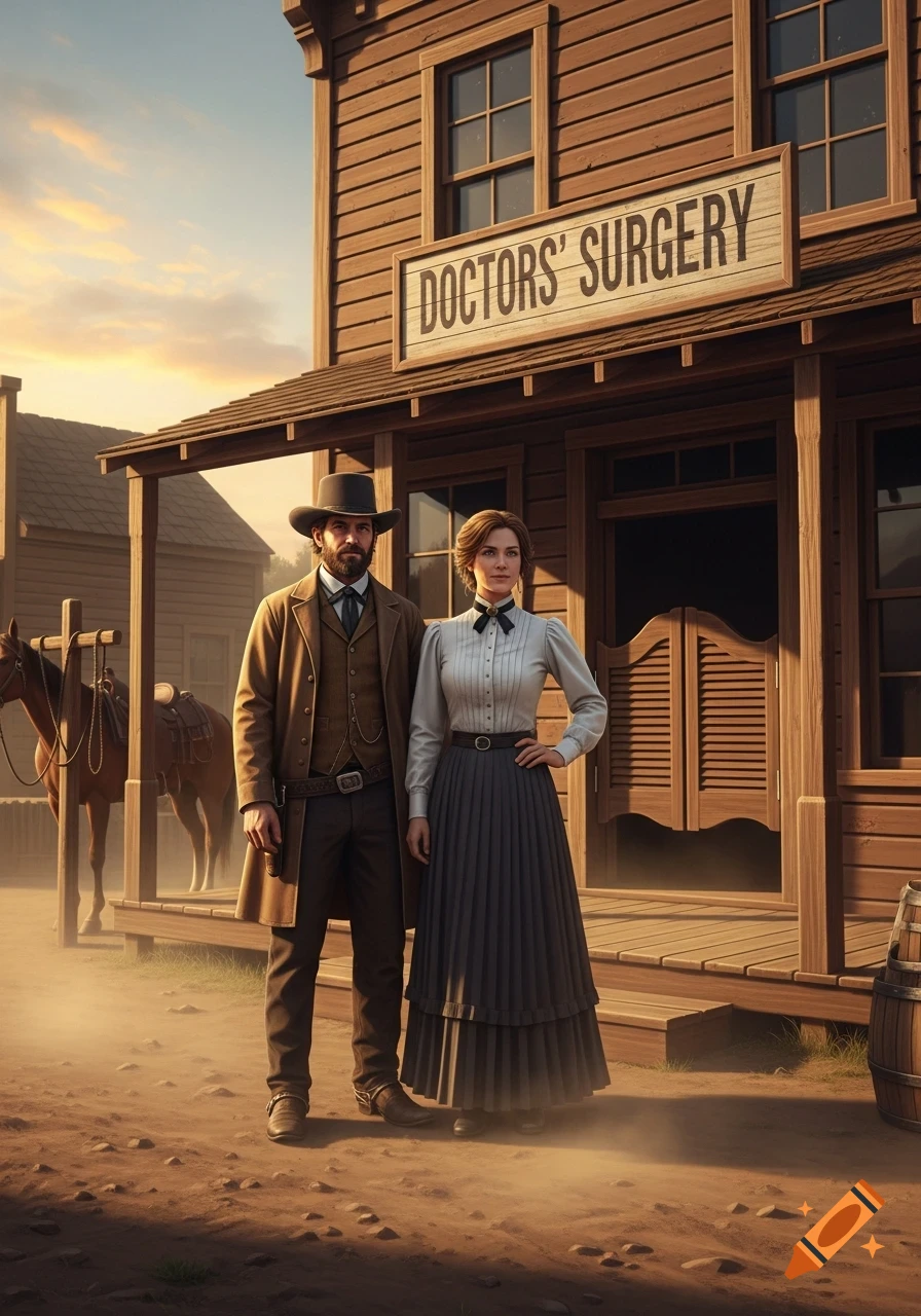 A man and woman in Western attire stand outside a 'DOCTORS' SURGERY' building in the Wild West, with a horse nearby.