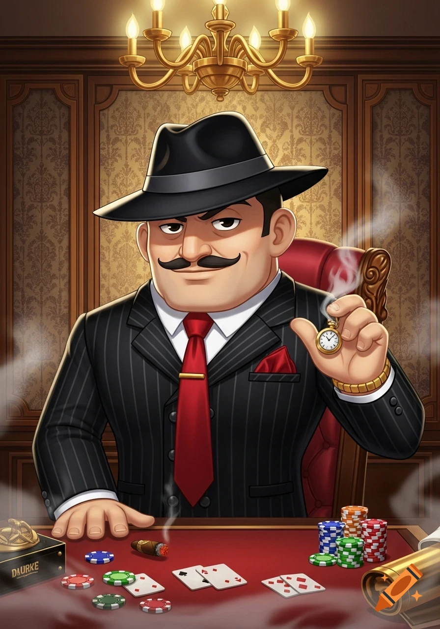 A stylized cartoon mafia boss in a pinstripe suit and fedora sits at a red poker table, holding a pocket watch. Poker chips, playing cards, and a cigar are on the table.