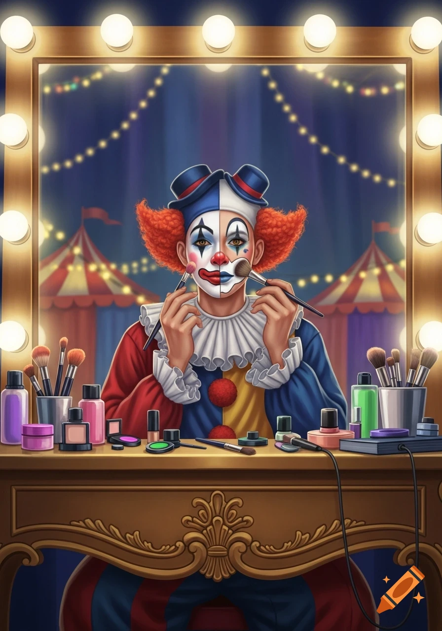 A colorful clown with half-done makeup looks into a mirrored vanity, with circus tents reflected in the background.