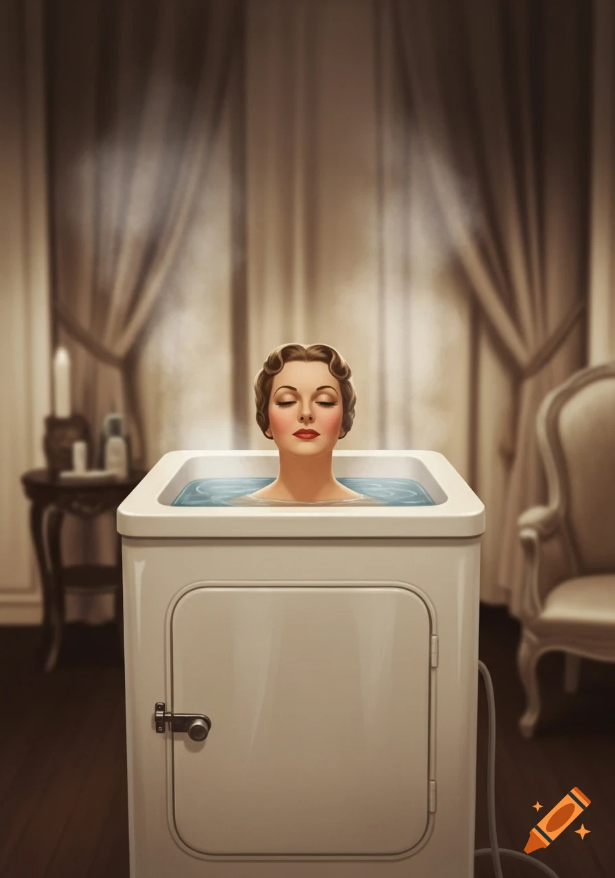 Illustration of a serene woman with closed eyes, head and shoulders emerging from a vintage white steam cabinet.