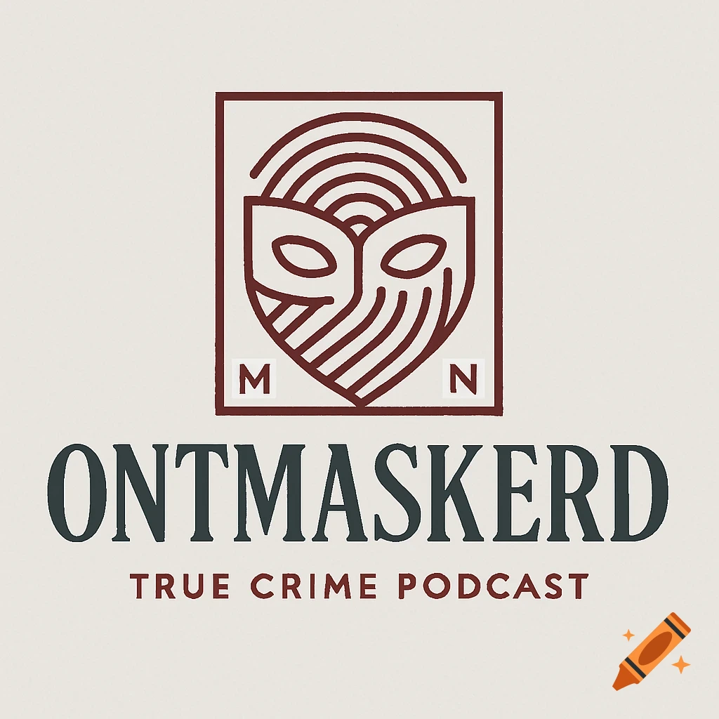 A simple logo for a true crime podcast, featuring a stylized mask emblem with the letters M and N, and text.