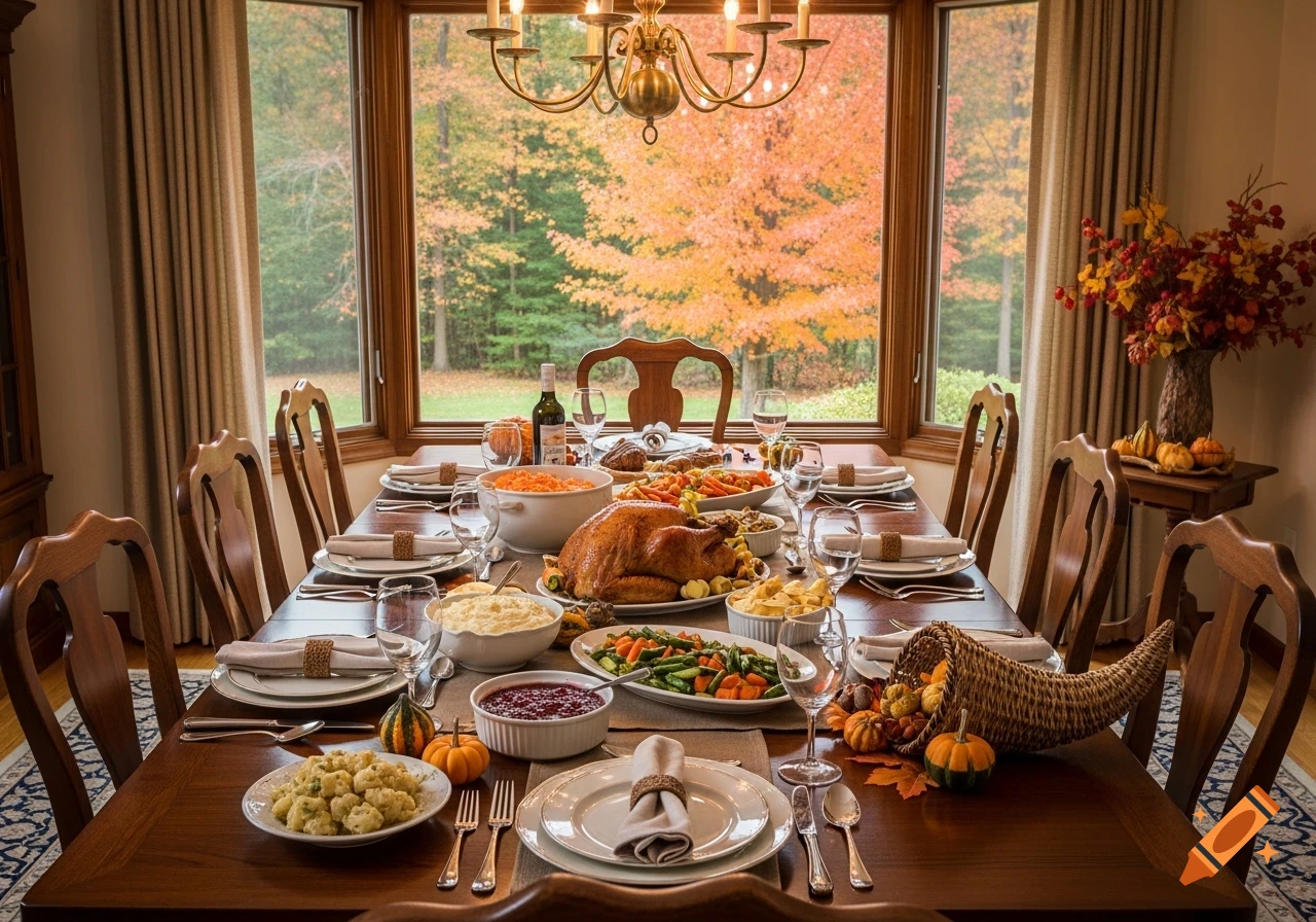 A photorealistic Thanksgiving dinner table laden with food, set in a dining room overlooking an autumn landscape.