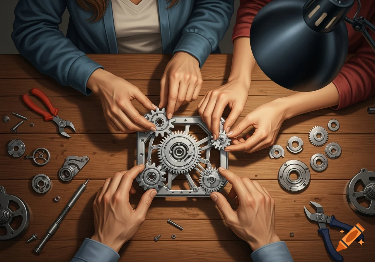 Overhead view of multiple hands from three people assembling metal gears and mechanical parts on a wooden table, with tools scattered around.