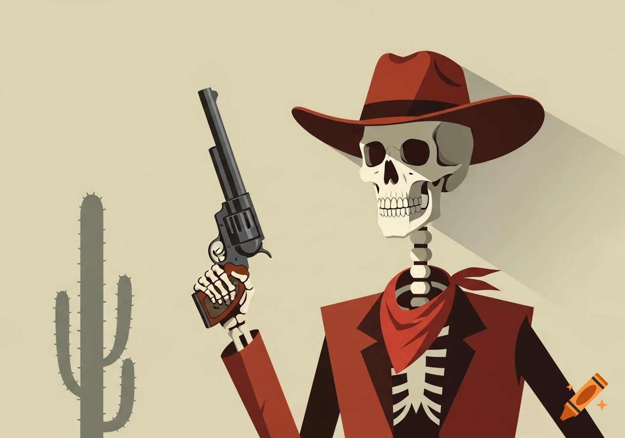 A cartoon skeleton cowboy wearing a red hat and bandana, holding a revolver in a desert with a cactus.