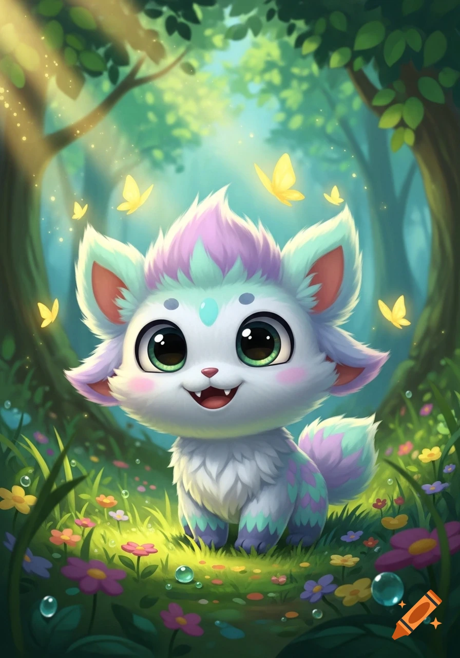 A cute, fluffy, pastel-colored fantasy creature with big eyes smiles in a magical forest with glowing butterflies.