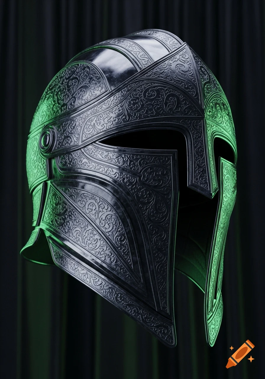 A highly detailed, ornate dark metal helmet with intricate patterns, illuminated by a vibrant green light against a dark backdrop.