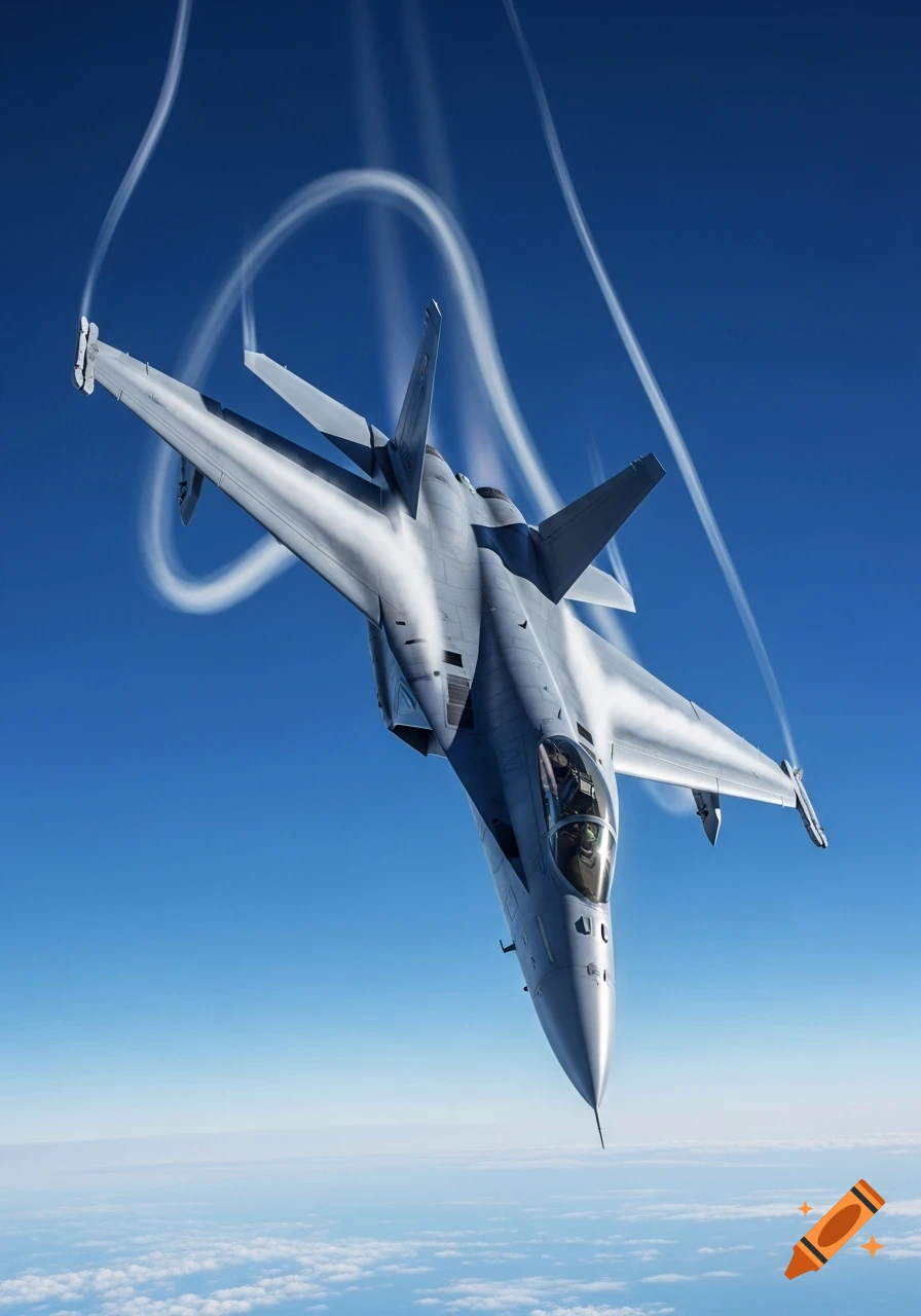 A photorealistic grey fighter jet performs an aerial maneuver, flying upside down against a clear blue sky with white contrails streaming from its wings, over a distant cloud layer.
