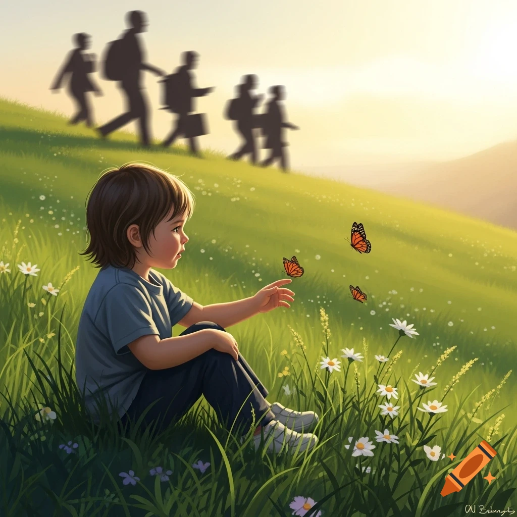 An illustration of a young child sitting in a sunny green field, reaching out to a monarch butterfly, with blurry adult figures in the background.
