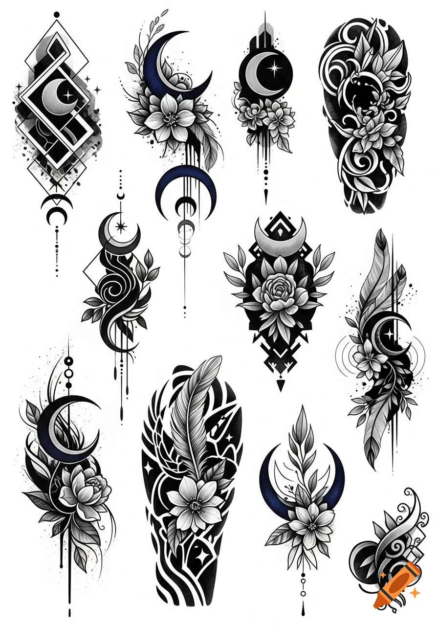 A collection of black, white, and blue tattoo designs featuring moons, flowers, feathers, and geometric patterns.