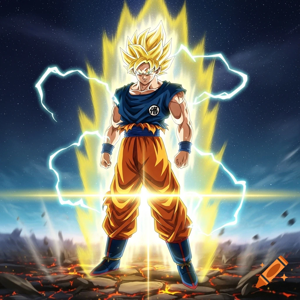 Goku in Super Saiyan form, glowing yellow with lightning, stands powerfully on cracked ground under a starry night sky, in anime style.