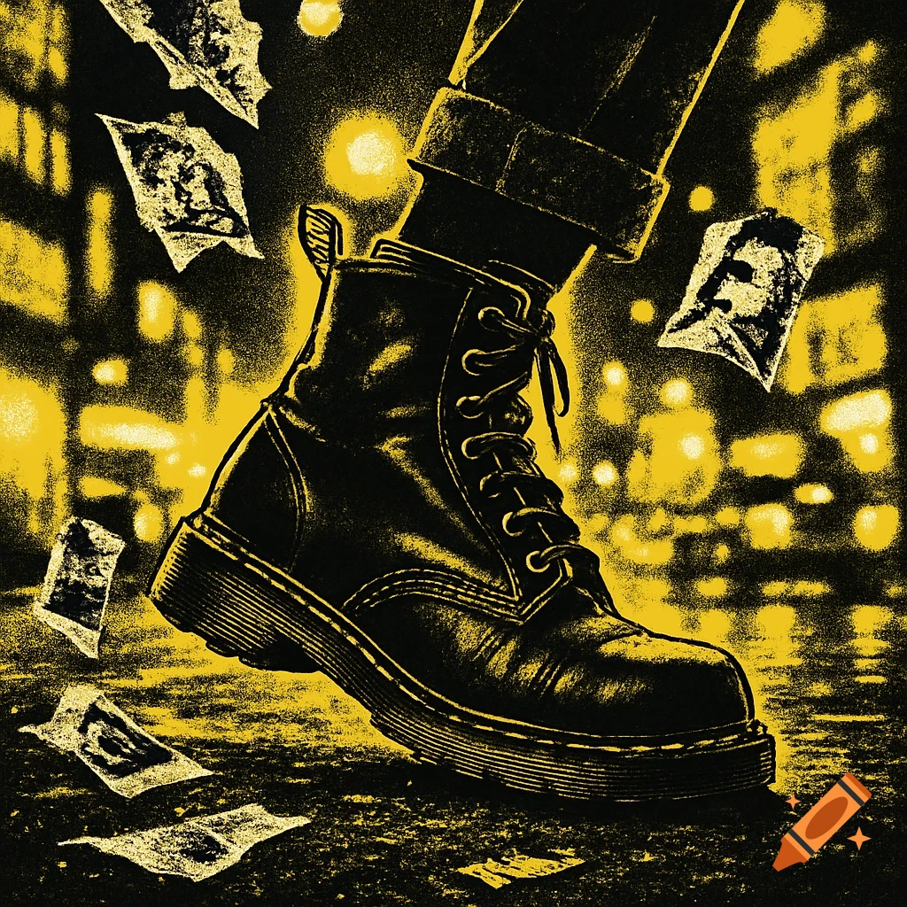 A black Dr. Martens boot stomps on a street with torn posters flying, in a high-contrast black and yellow grunge style.