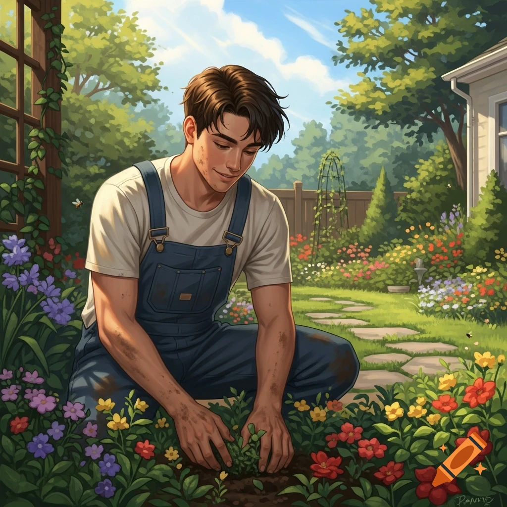 A young man with brown hair, wearing blue overalls over a white t-shirt, kneels to plant in a vibrant flower garden on a sunny day.