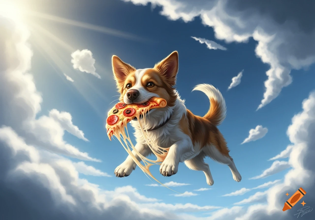 A cute corgi dog flies through a bright blue sky with white clouds, carrying a slice of pepperoni pizza with stringy melted cheese in its mouth.