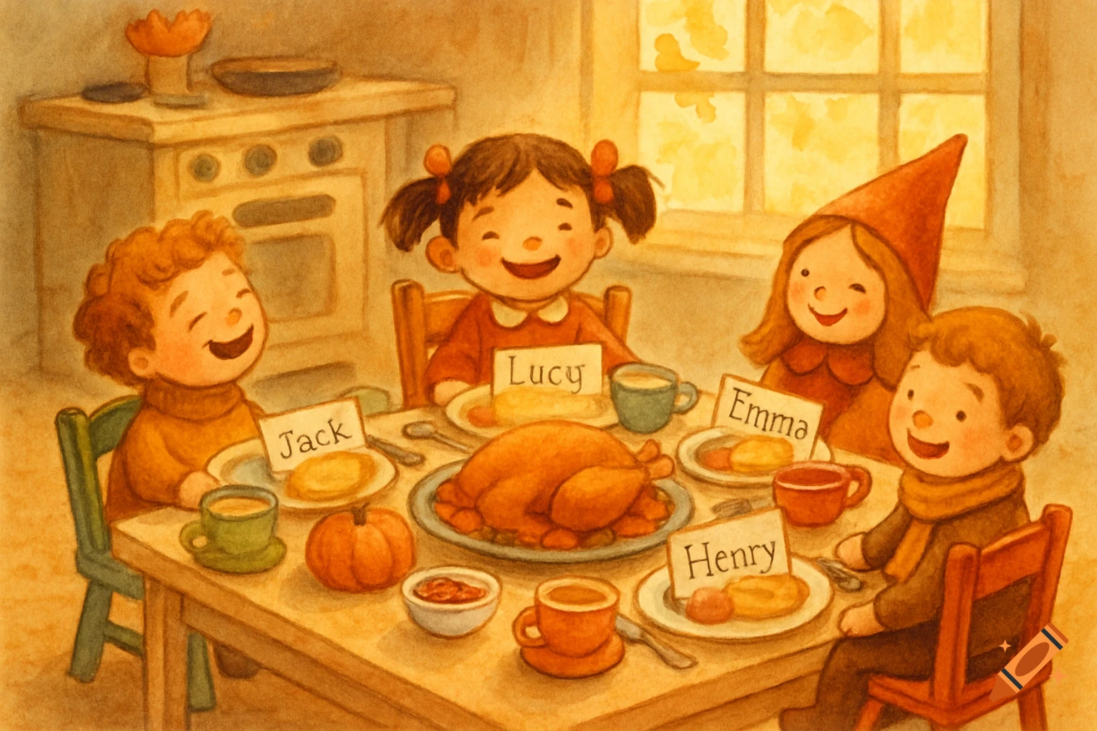 A cozy watercolor illustration of four happy children with name tags sitting around a Thanksgiving table with a roasted turkey and pumpkin.