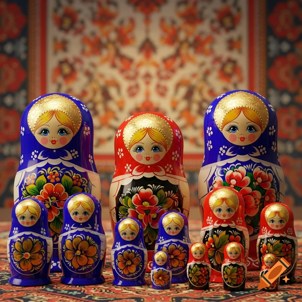 A collection of colorful Russian nesting dolls, including large blue and red ones, and smaller dolls, all with golden tops and intricate floral designs, set on a patterned rug.