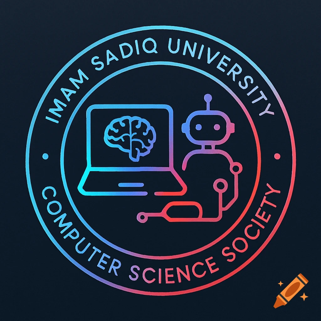 A round logo with a holographic gradient of blue, purple, and red. It features a laptop with a brain on its screen, and a robot next to it. Text around the circle reads "IMAM SADIQ UNIVERSITY" and "COMPUTER SCIENCE SOCIETY".