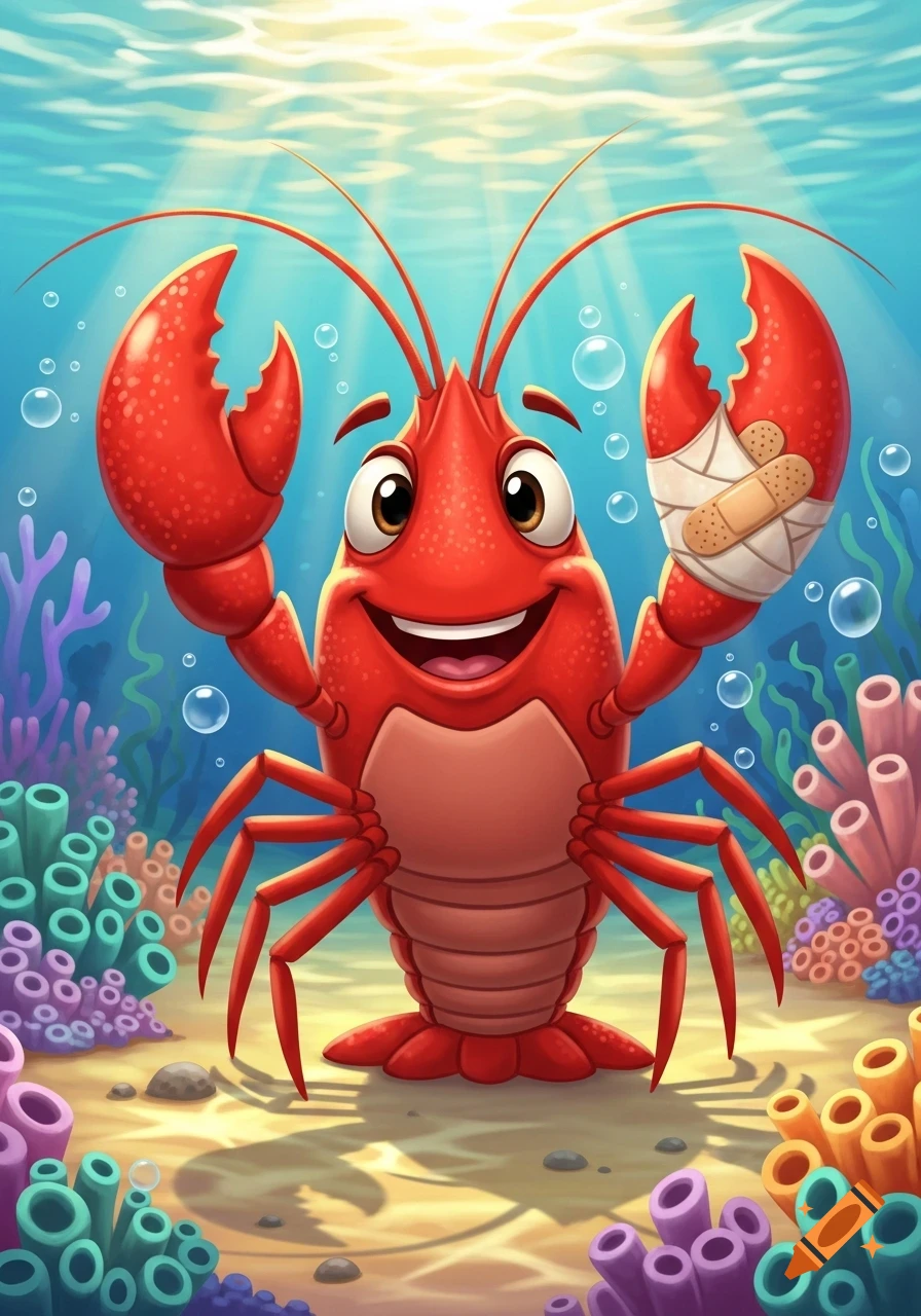 A smiling cartoon red crayfish with a bandaged claw stands on the sandy ocean floor surrounded by colorful coral.