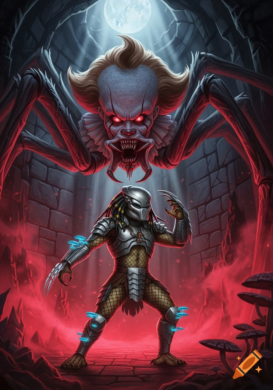 A menacing spider-like Pennywise with glowing red eyes looms over a Predator in a battle stance, in a dark, red-lit cave. Digital art.