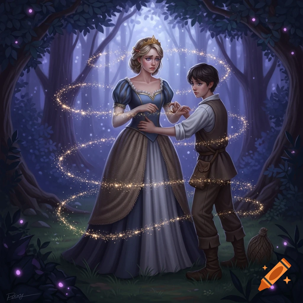 An upset princess with a crown and a blue gown stands with a peasant boy in a magical forest with glowing fairy lights.
