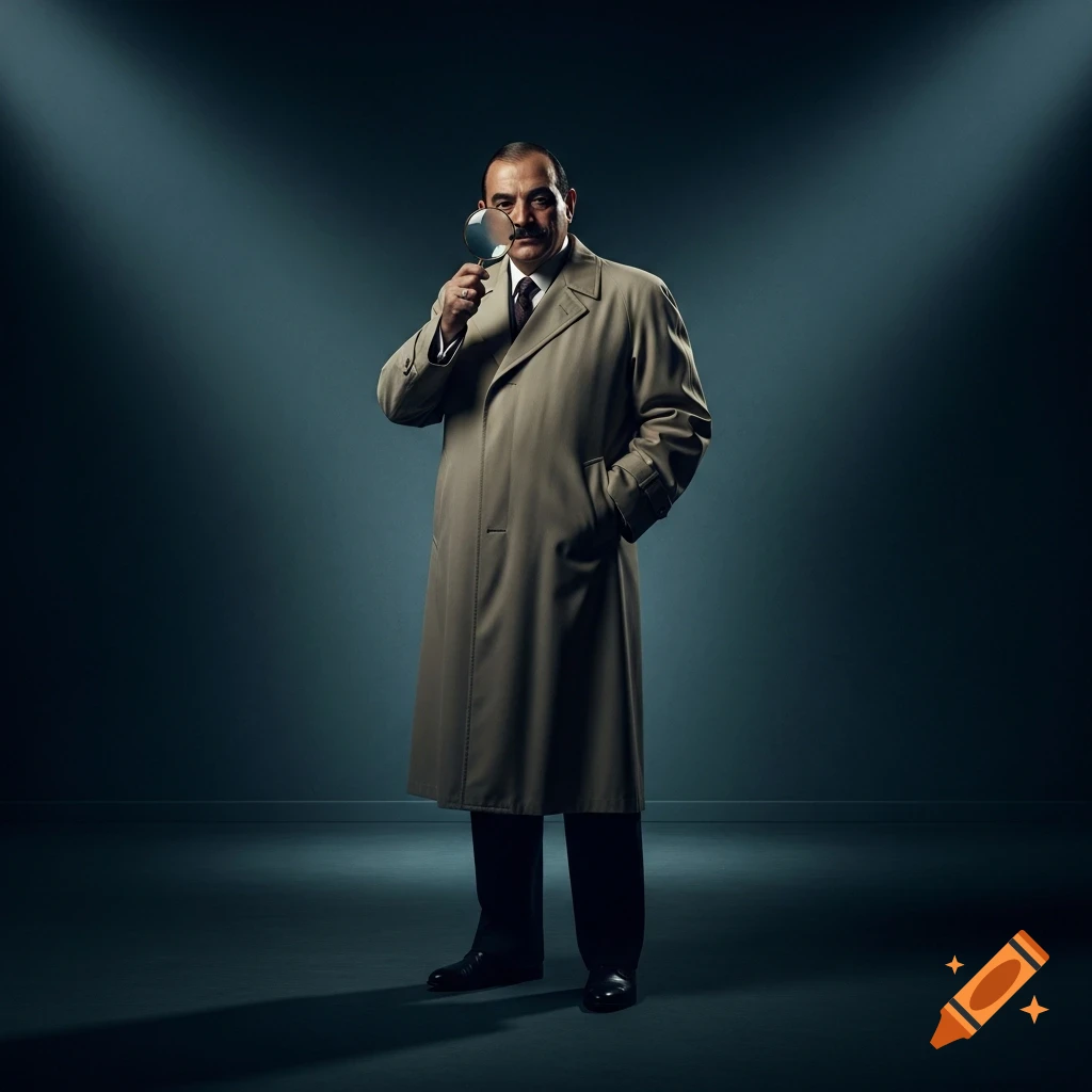 Photorealistic cinematic portrait of a detective in a trench coat holding a magnifying glass in a dark, moody blue room.