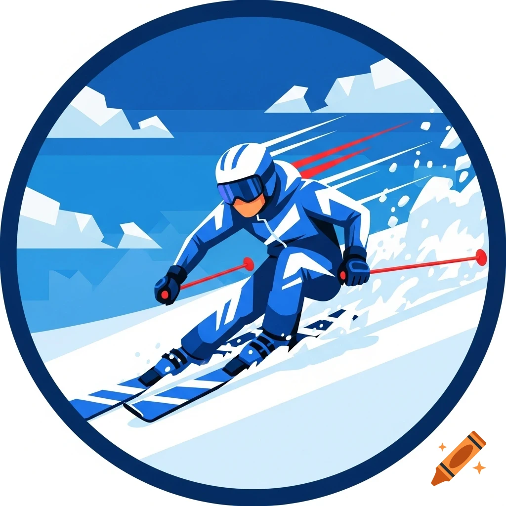 Stylized illustration of a person in a blue ski suit and white helmet skiing down a snowy mountain, framed in a blue circle.