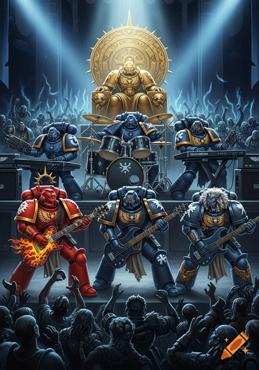 A heavy metal band of Warhammer 40k Space Marines plays on stage, with a golden throne behind them and a crowd enjoying the show.
