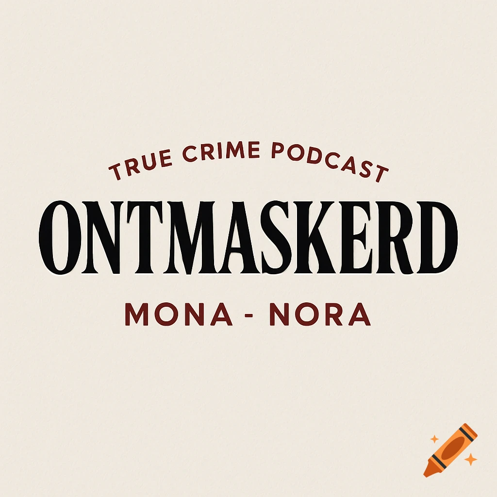 A minimalist podcast logo with 'TRUE CRIME PODCAST', 'ONTMASKERD', and 'MONA - NORA' in red and black text on a light background.