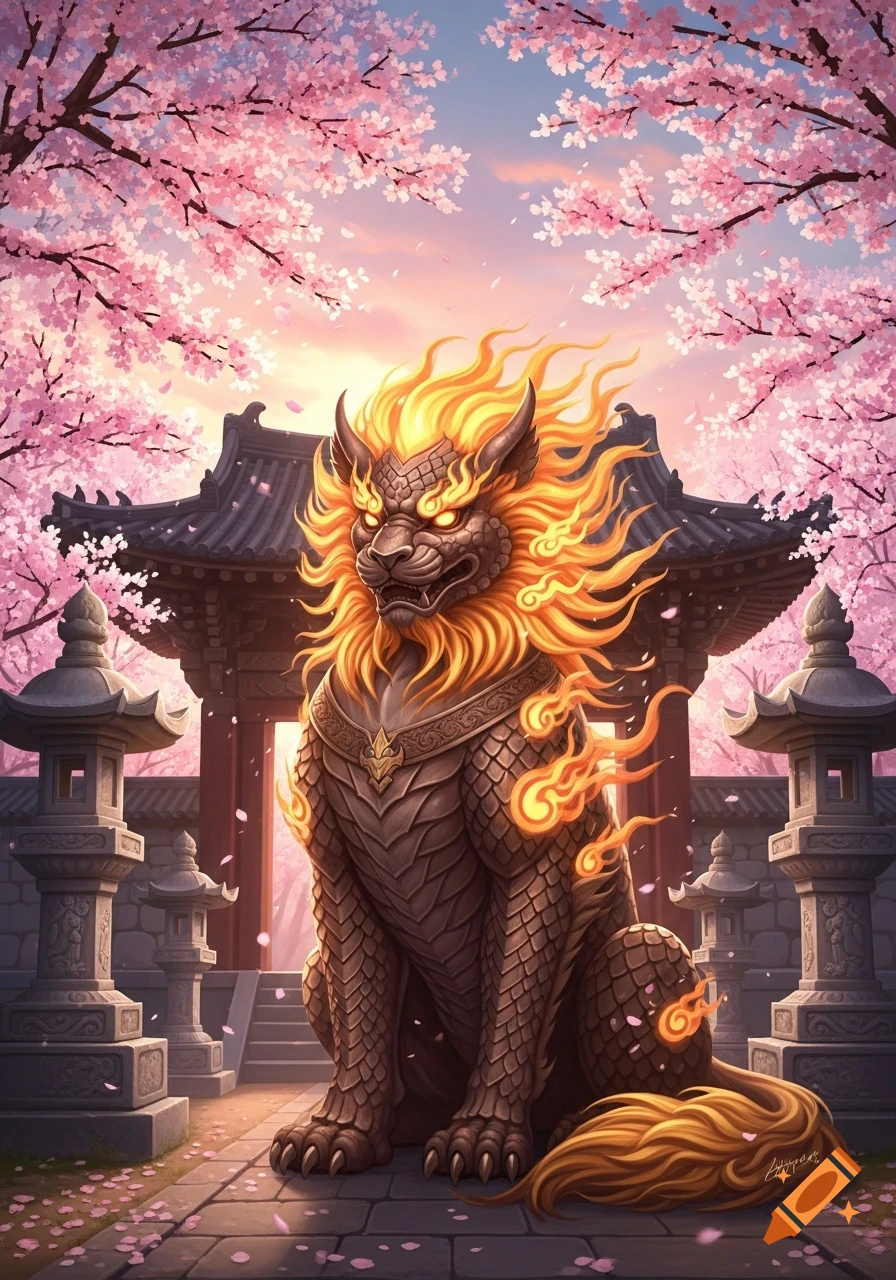 A majestic fiery mythical beast sits before a traditional Asian temple gate surrounded by pink cherry blossoms.