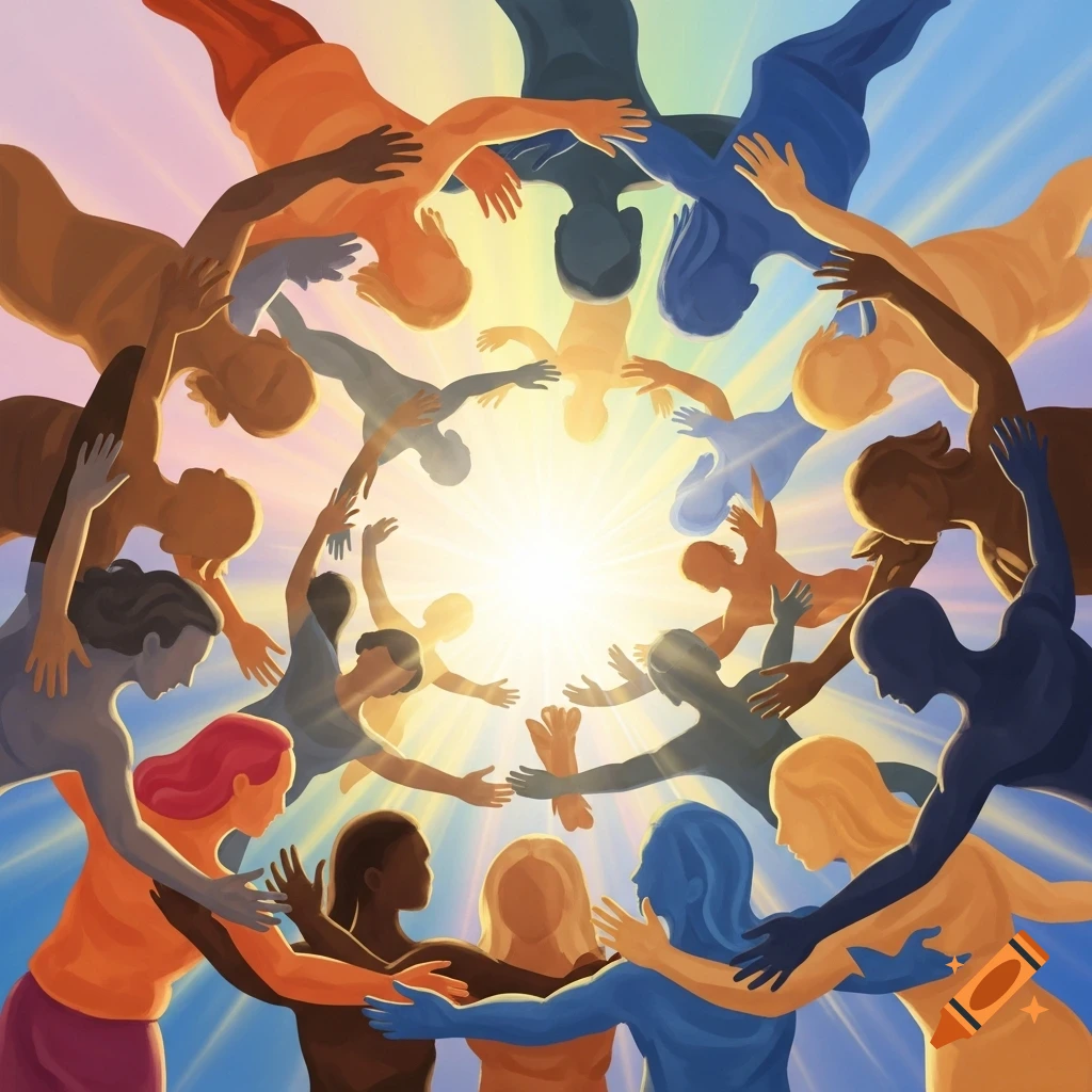 Stylized illustration of diverse people forming a circle, reaching towards a bright light in the center, symbolizing unity.