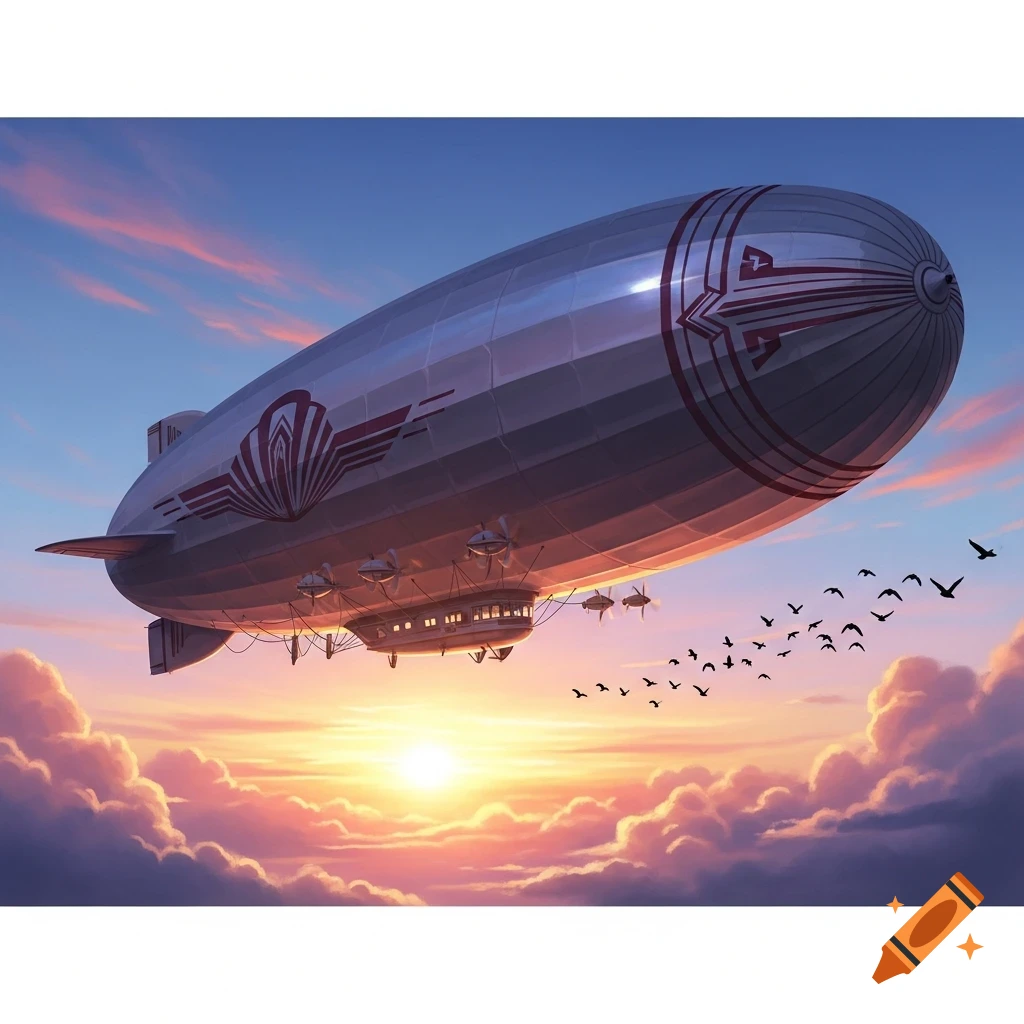 A large, silver blimp with red art deco designs flies over vibrant sunset clouds with a flock of birds.