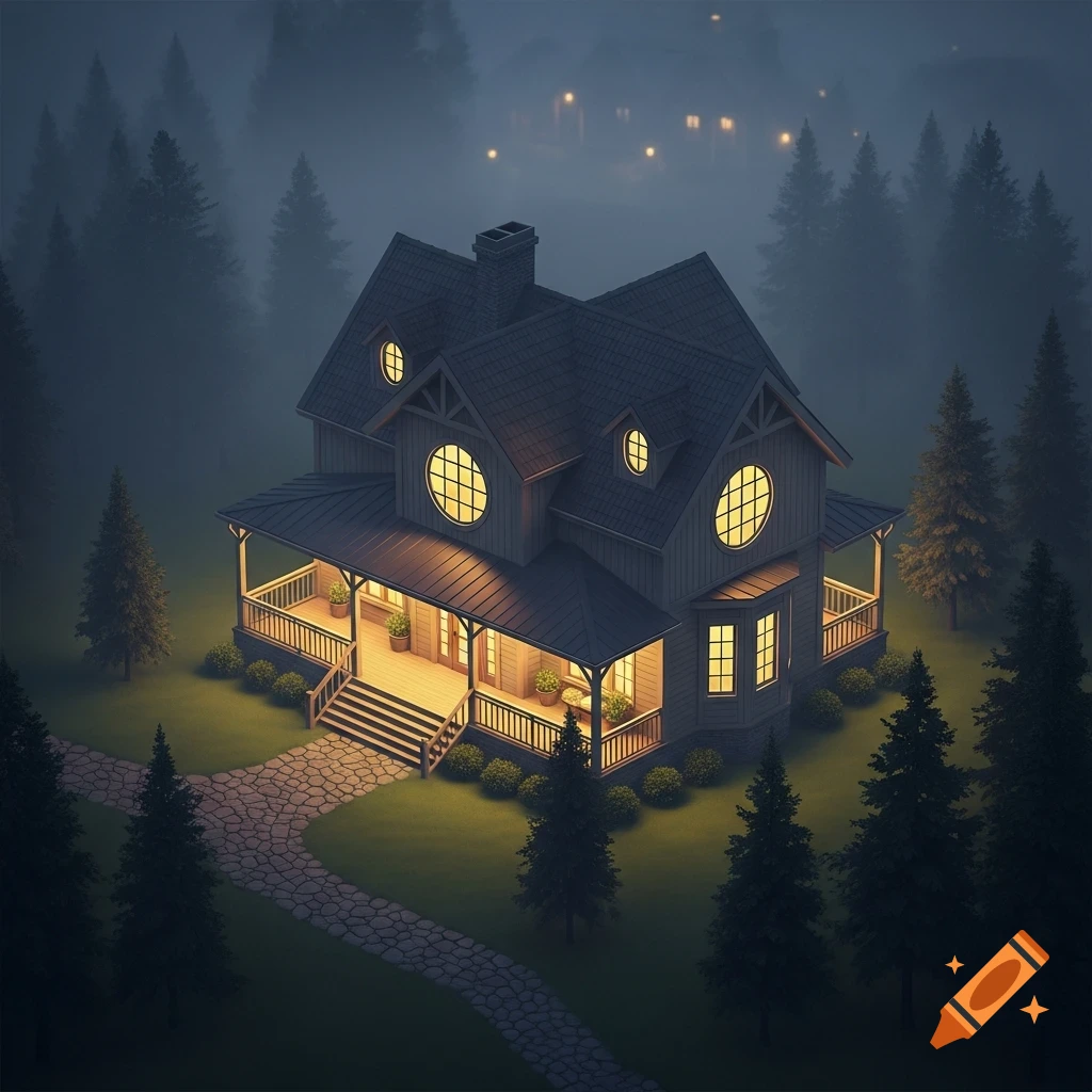 Cozy house with glowing windows and porch lights in a misty forest at night, with a winding stone path.