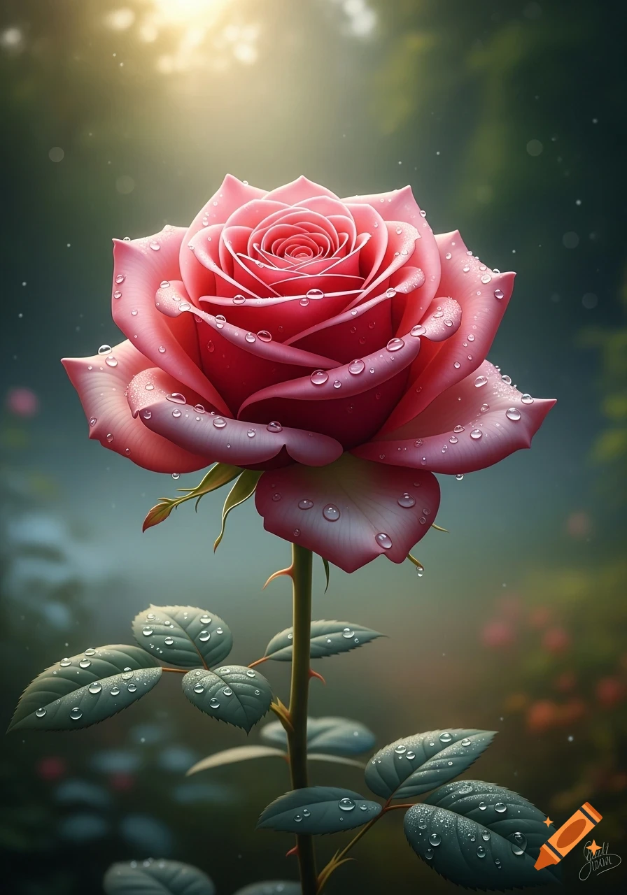 A detailed photorealistic pink rose covered in dewdrops, with green leaves and a soft, sunny garden background.