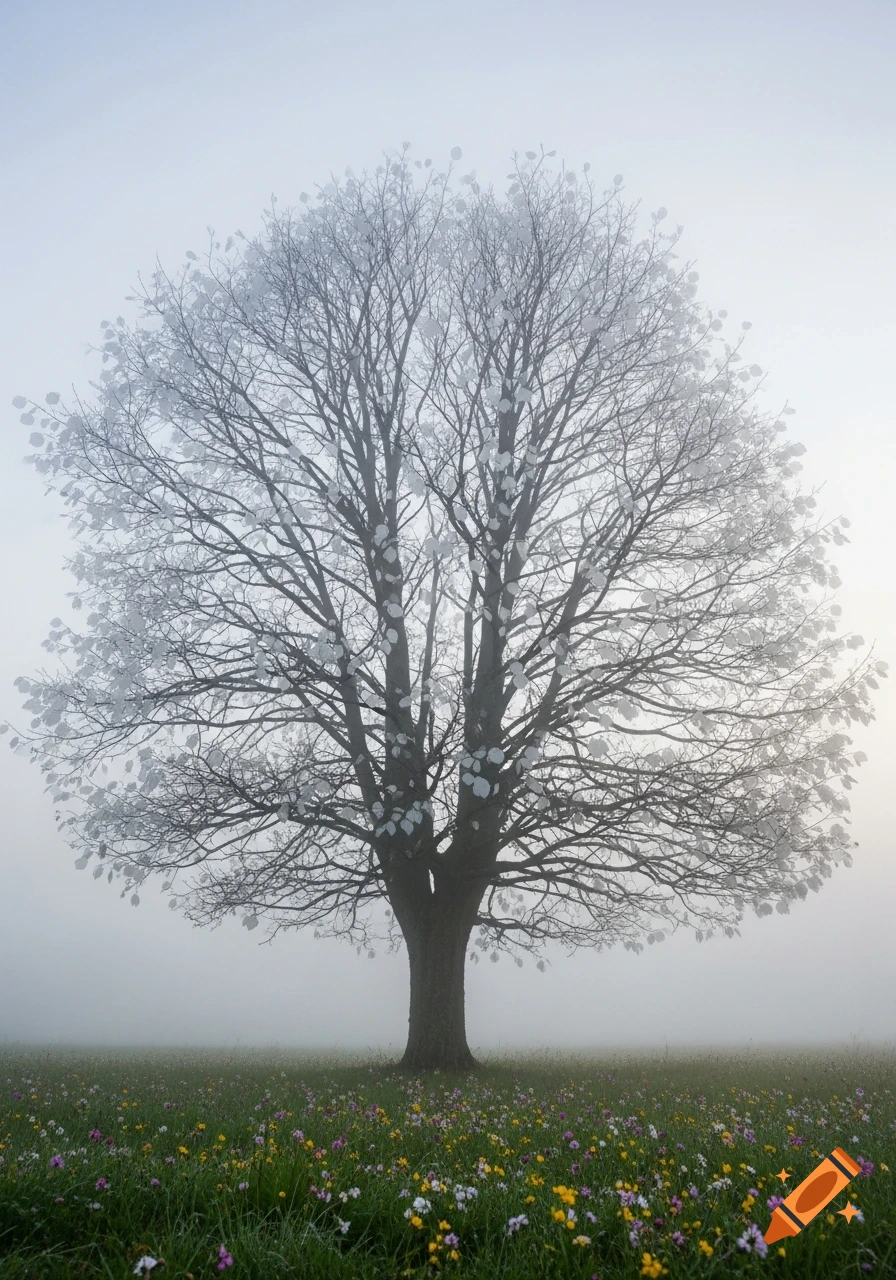 A lone tree with light-colored leaves stands in a foggy field filled with colorful wildflowers, creating a misty, serene atmosphere.