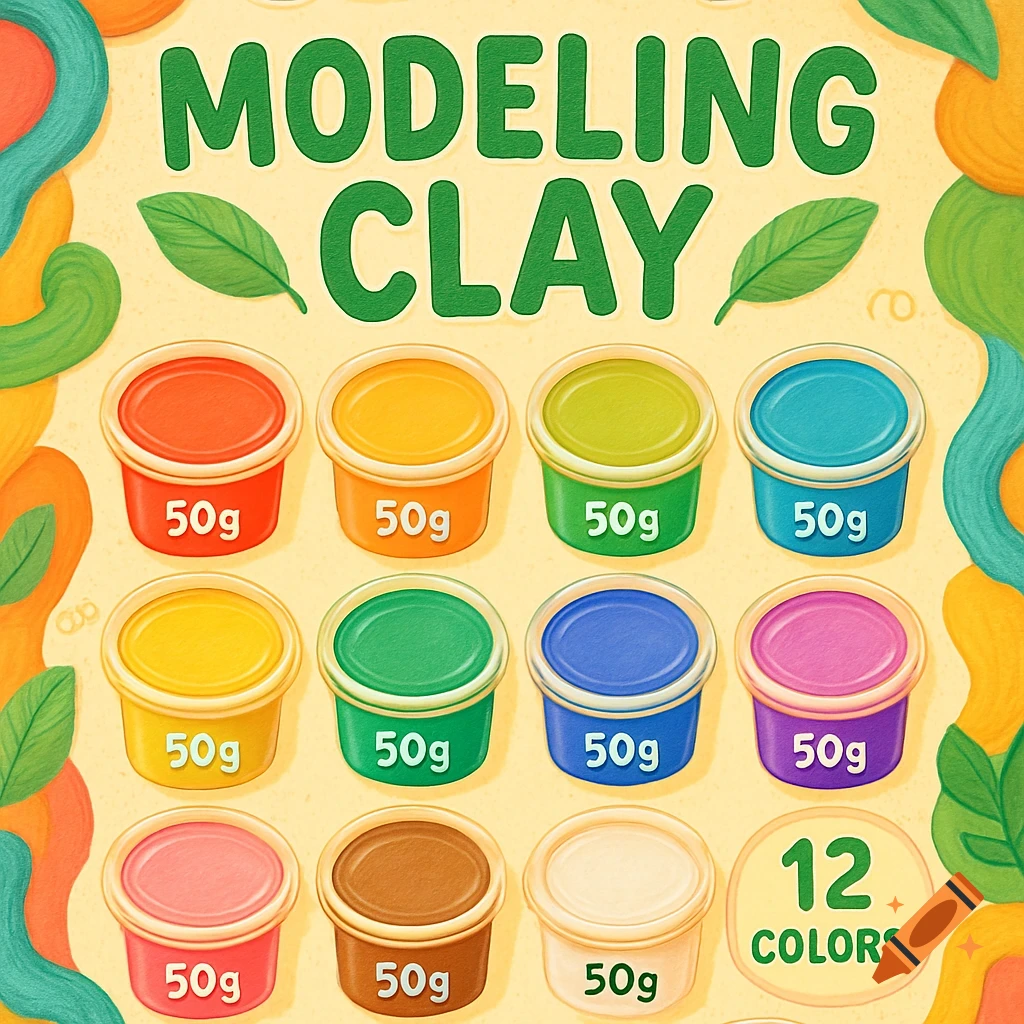 Colorful packaging design for modeling clay, featuring 12 tubs of different colored clay, each labeled '50g'. The main title 'MODELING CLAY' is at the top, and '12 COLORS' is shown in the corner. Stylized leaves and organic shapes decorate the background.