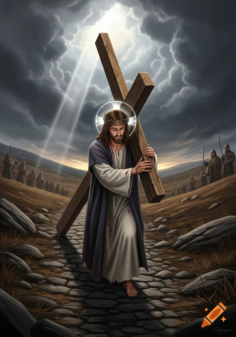 Illustrated depiction of Jesus carrying a wooden cross on a stone path, with soldiers in the background under a dramatic, cloudy sky with light rays.