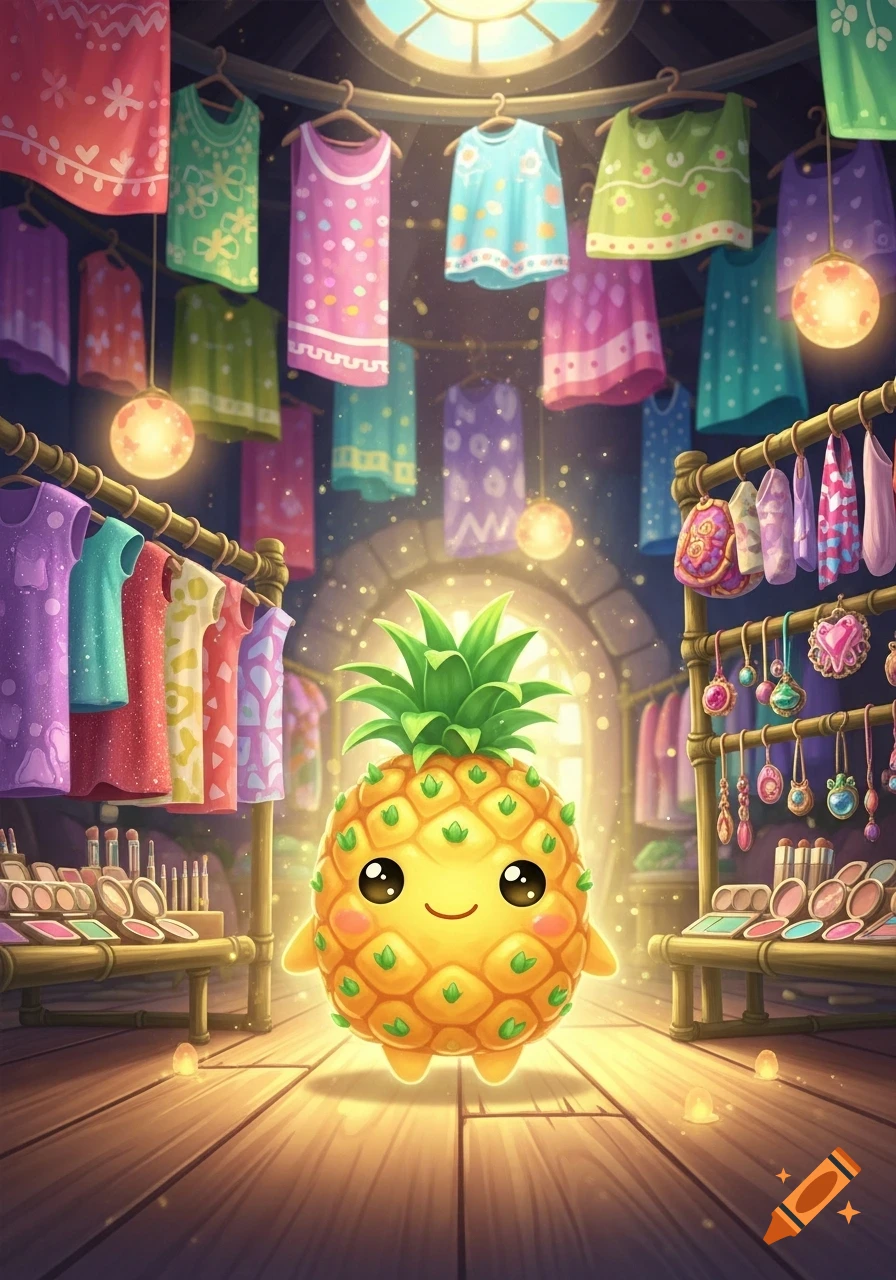 A cute, glowing pineapple spirit with big eyes smiles in a whimsical cartoon clothing and makeup store.