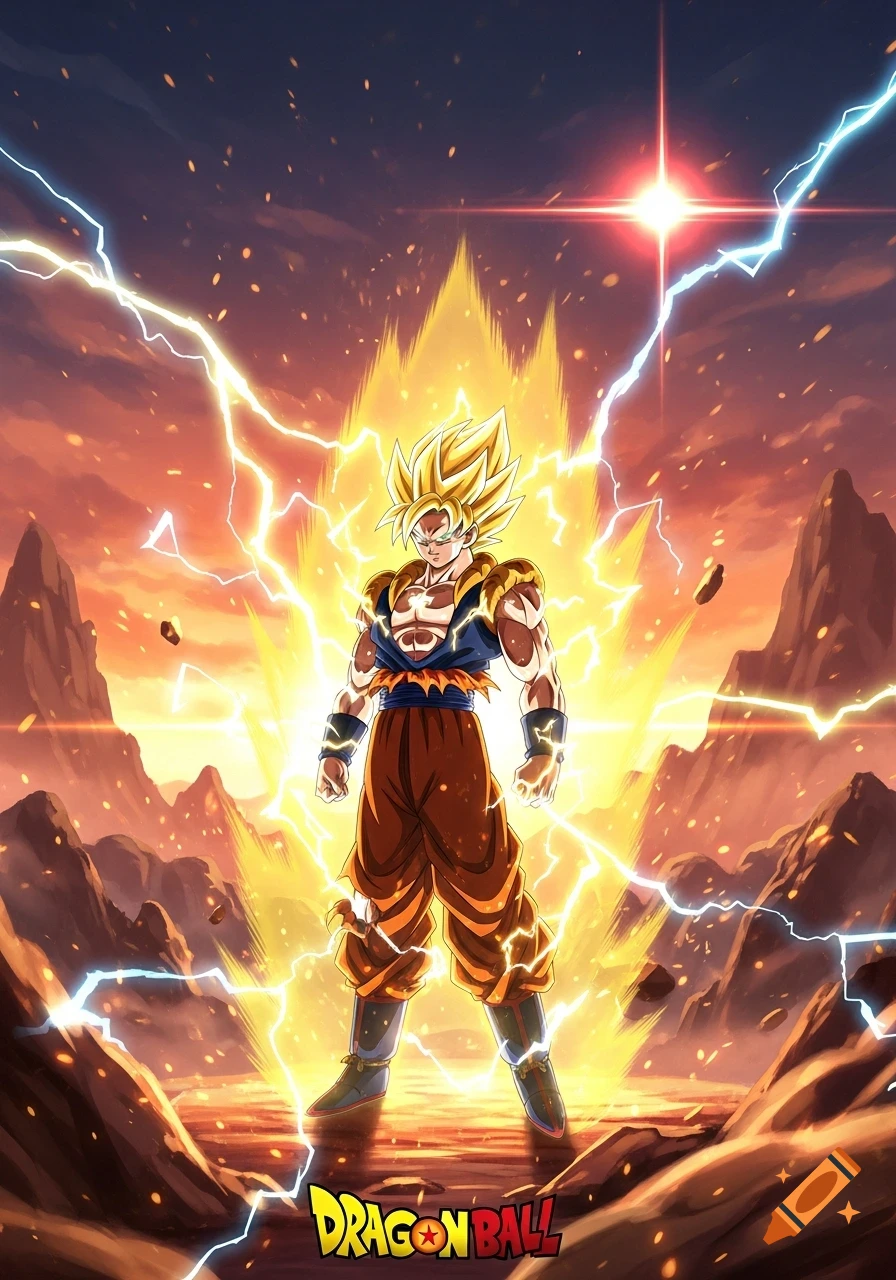 Super Saiyan Goku powers up amidst golden energy and lightning in a fiery, rocky landscape with a bright red sky.