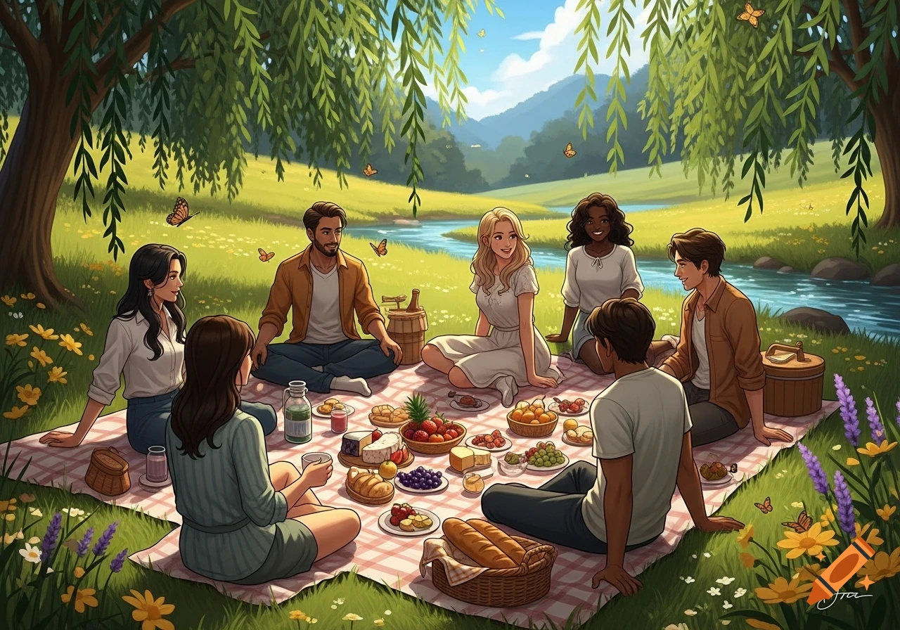A stylized illustration shows a diverse group of friends having a picnic by a river under a willow tree in a sunny meadow.