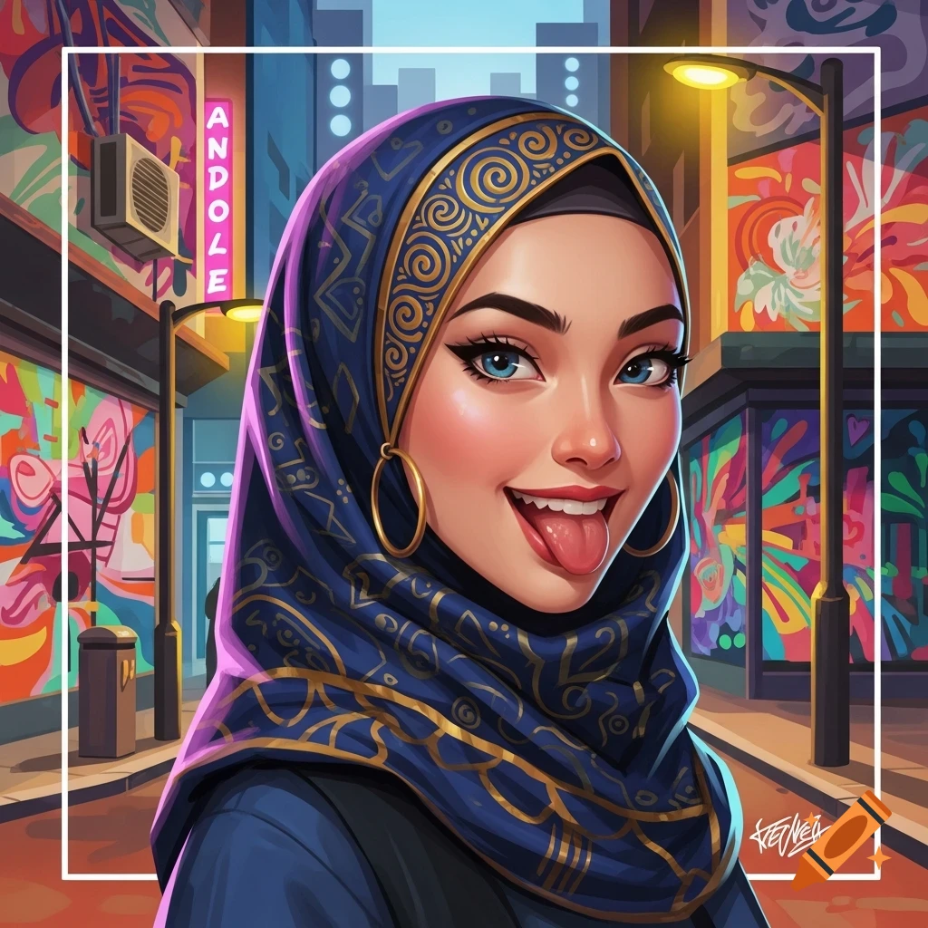 A cartoon portrait of a joyful woman in a blue and gold hijab, sticking her tongue out on a vibrant city street.