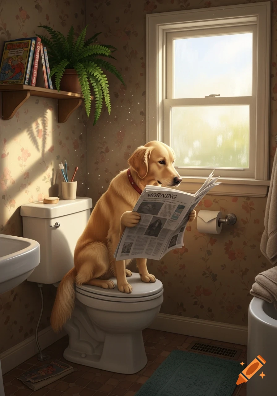 A golden retriever sits on a toilet, reading a newspaper, in a sunlit bathroom with floral wallpaper and a plant on a shelf. Photorealistic style.