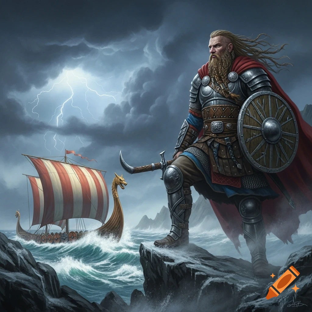 A formidable Viking warrior in full armor stands on a rocky coast overlooking his longboat on a stormy sea with lightning.