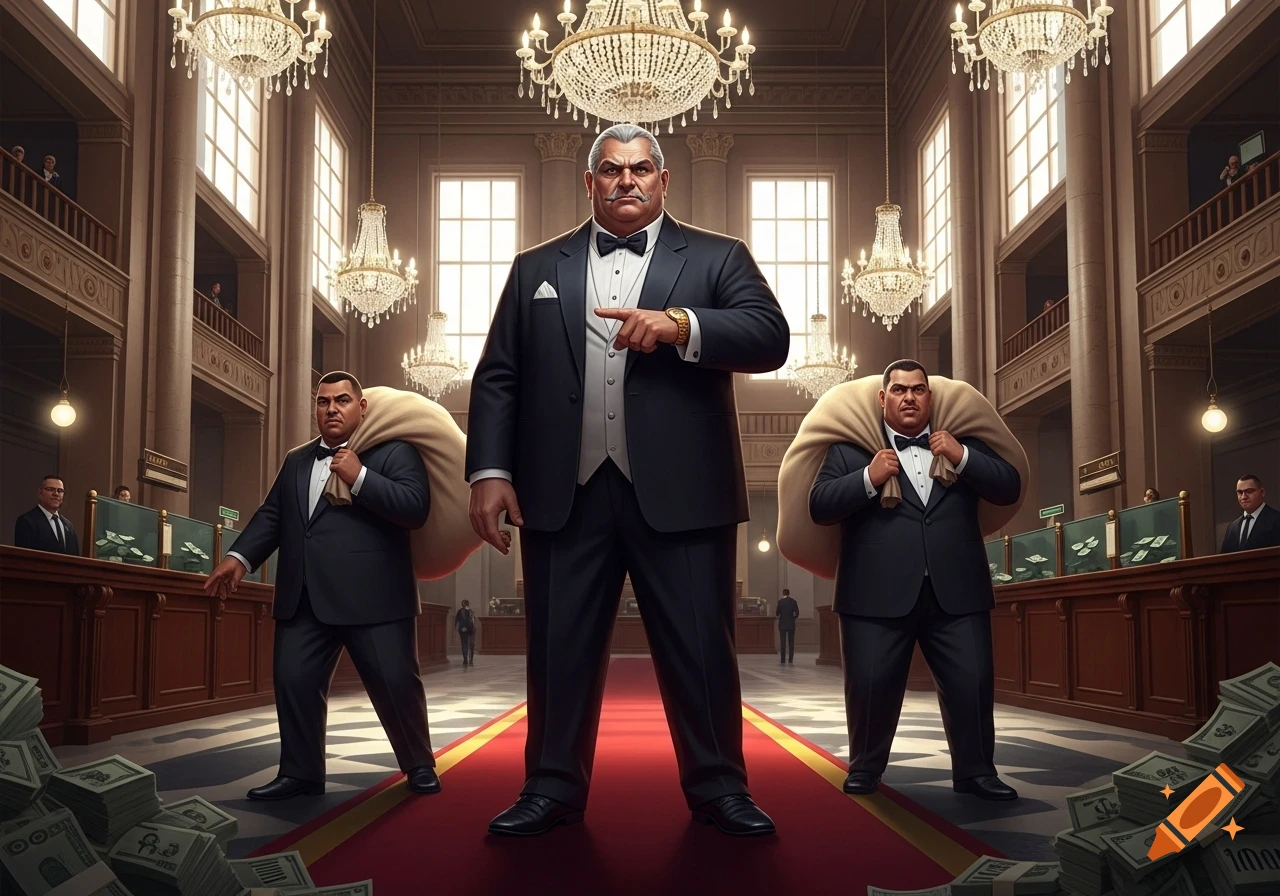 A powerful mob boss in a tuxedo points forward, flanked by two other mobsters carrying large money bags in a grand bank hall filled with piles of cash.