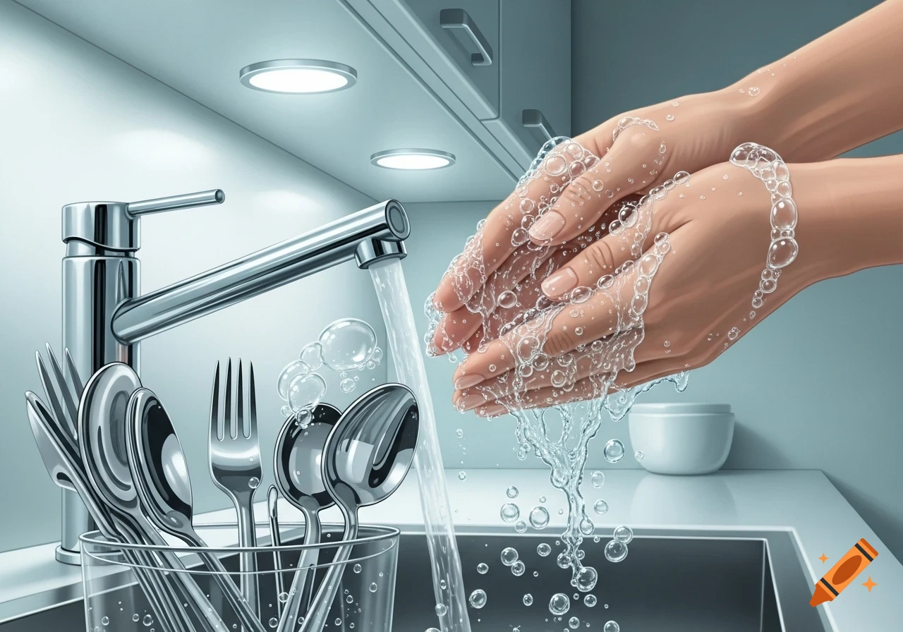Stylized illustration of hands washing under a kitchen faucet with running water, alongside a glass of shiny utensils.